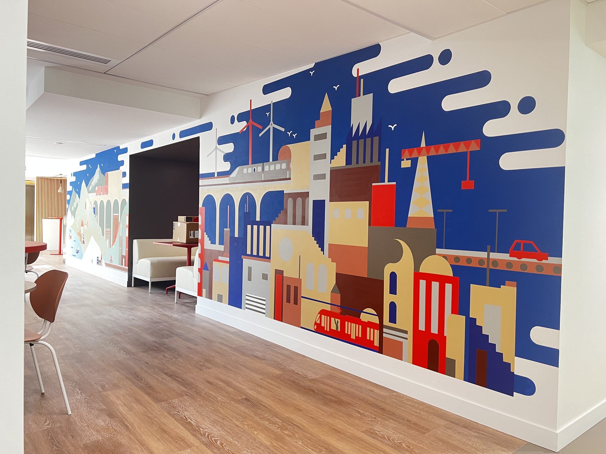 Perspective d'angle — fresque murale ETF · Vinci Construction, Rueil-Malmaison